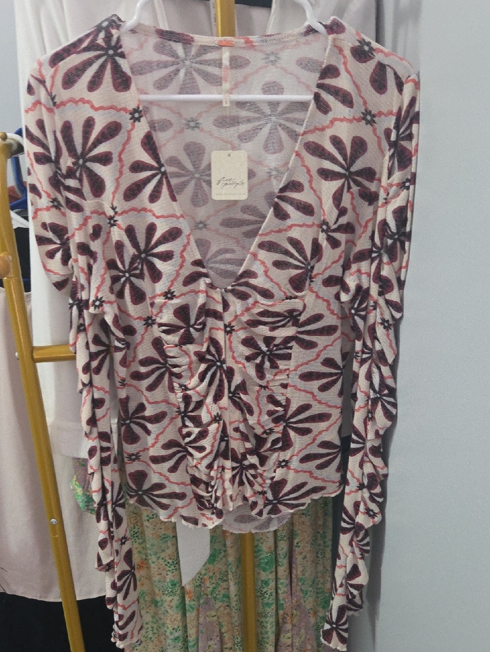 Free People Pink and Burgundy Floral Ruched V-Neck Blouse